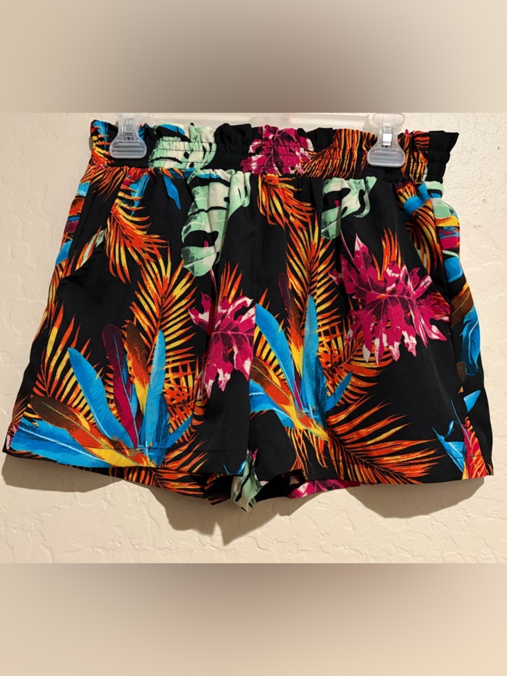 SHEIN Tropical Print Summer High Waisted Shorts Elastic Waist Pockets Size L